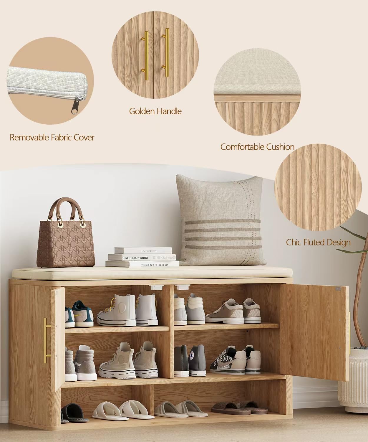 Zeibospri Fluted Shoe Storage Bench with Cushion, 3-Tier Entryway Bench with Adjustable Shelves and Open Bottom Shelf, Hidden Shoe Organizer Cabinet, for Hallway, Living Room, Bedroom, Natural Oak