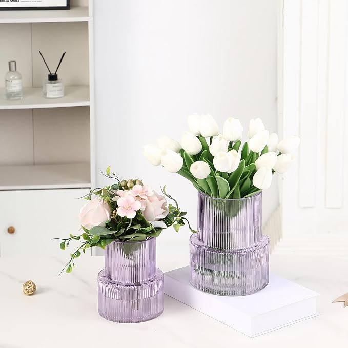 Ribbed Glass Vases for Bouquet, Set of 2 Purple Vases for Flowers, Purple Glass Vase for Tulips, Modern Vase for Living Room, Office, Coffe Table, Dining Table, Shelf, Wedding