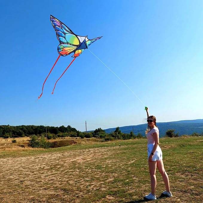 Simxkai Butterfly Kite for Kids & Adults, Easy to Fly Blue Big Kite for Beginners, Line Handle Included (1Pack 2Pack)