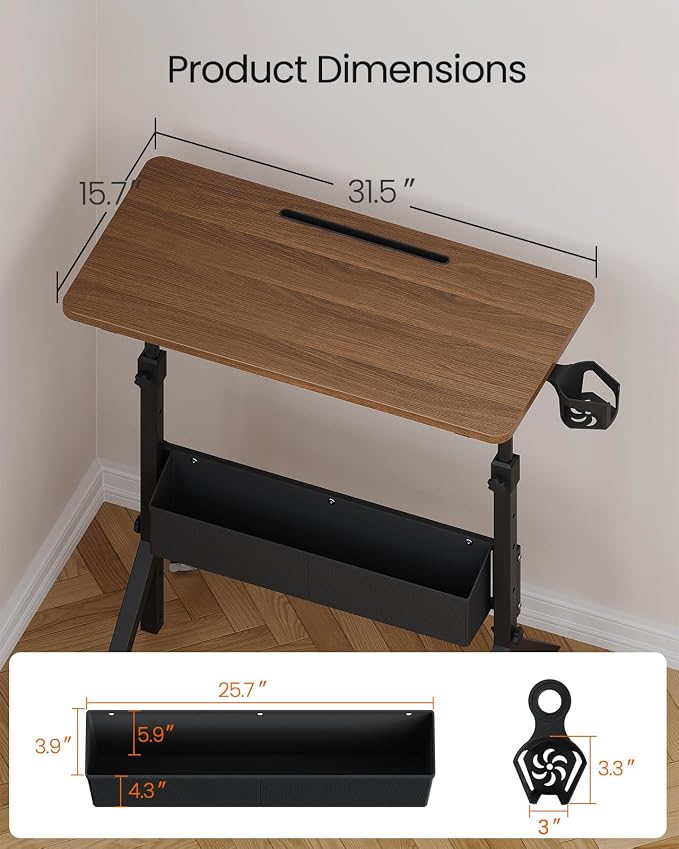 ErGear Mobile Standing Desk with Wheels, Adjustable Height 28.3″ to 46.1″, Rolling Laptop Cart with Cup Holder, Storage Basket, Computer & Pen Slot, Home Office Stand Up Desk, Walnut (31.5″ x 15.75″)