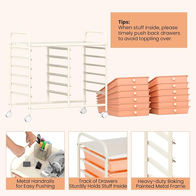 COSTWAY 12-Drawer Rolling Storage Cart, Utility Storage Organizer Cart for Tools, Scrapbook, Paper, Craft, Multipurpose Art Supply Organizer on Wheels for Home Office School, Teacher, Peach