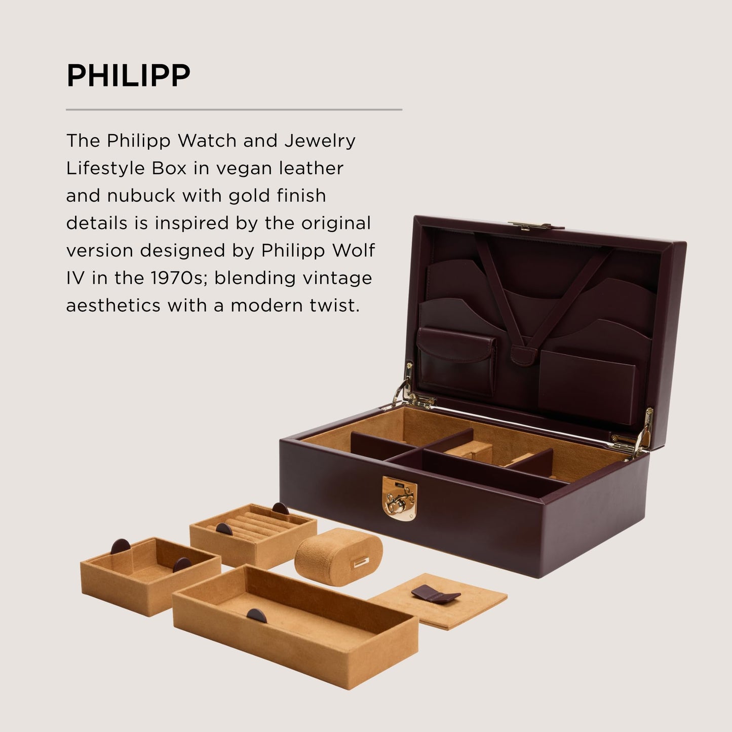 WOLF Philipp Watch and Jewelry Lifestyle Box, Chestnut - Watch Cuff, Cufflink/Ring Tray, Stationery Storage - Ultra-Suede LusterLoc Lining