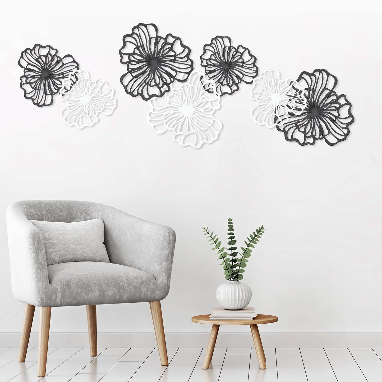 7 Piece Metal Wall Decor for Living Room, Boho Double Layered Iron Flower Wall Hanging Art, Aesthetic Indoor Metal Wall Sculpture Decor for Bedroom Kitchen Bathroom Farmhouse Home Office, Black-White