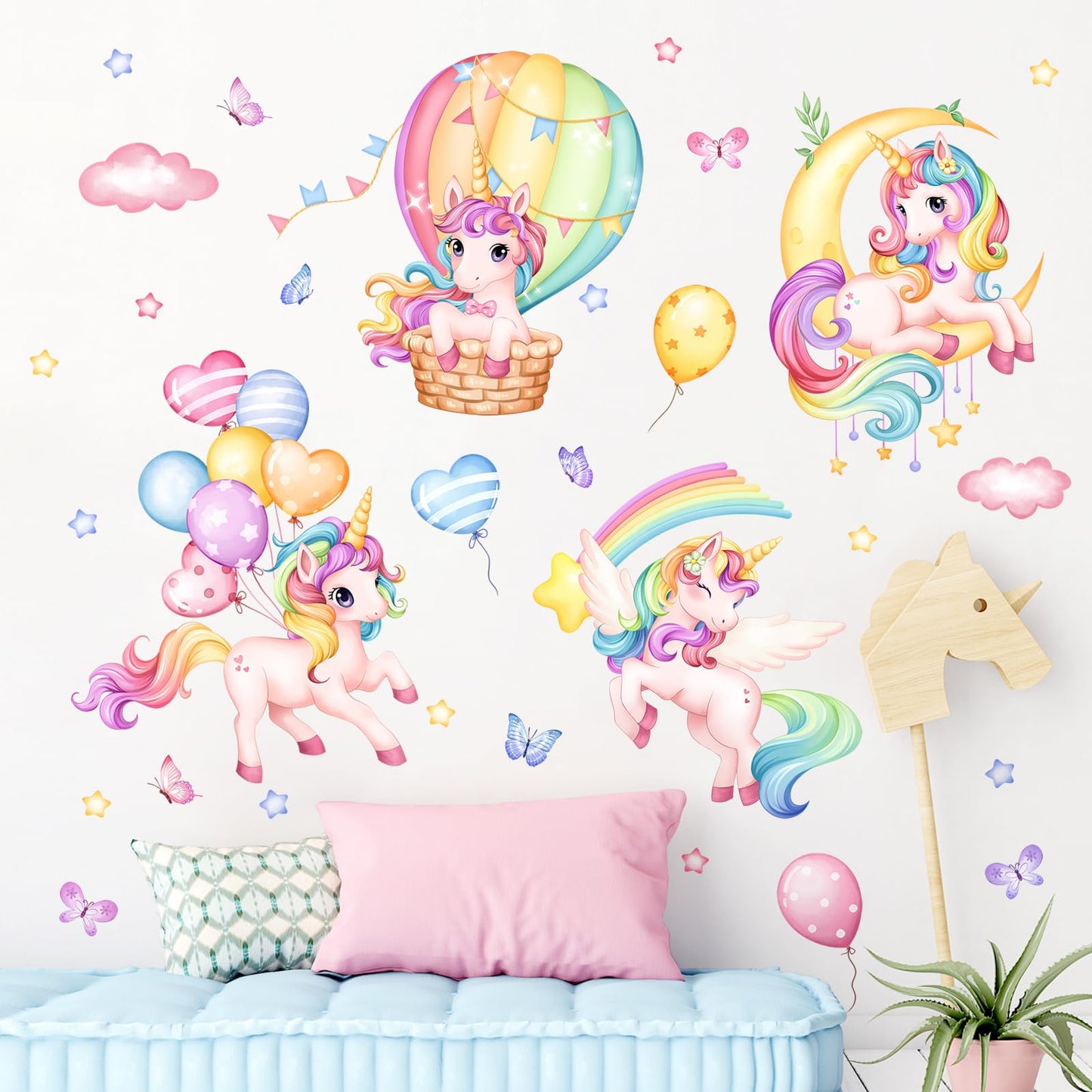 Unicorn Rainbow Wall Decals Hot Air Balloon Moon Clouds Stars Wall Stickers Baby Nursery Girls Bedroom Kids Room Wall Decor