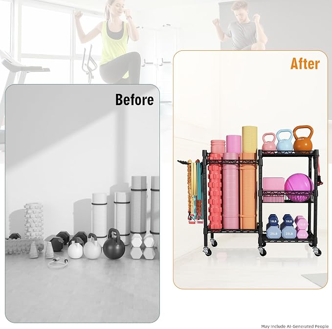 FUTASSI Home Gym Storage, 3 Tiers Workout Equipment Organizer with Wheels for Yoga Mats, Foam Roller, Dumbbells, Kettlebells, and Resistance Bands
