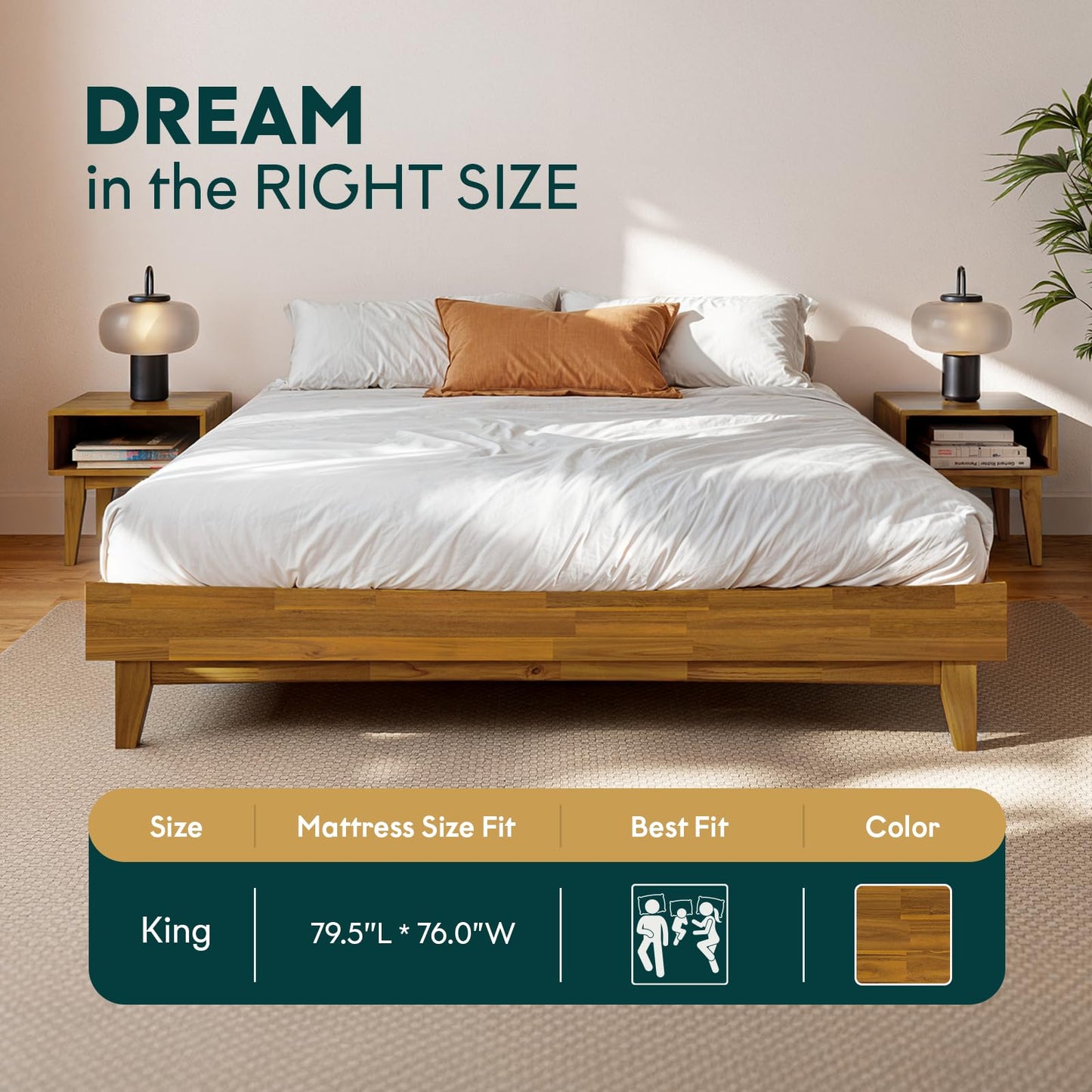 Bme Catherine King Platform Bed Frame, Modern Bed Frame Without Headboard, Wooden Low Profile Bed Frame, Acacia Wood Platform Bed Frame King, No Box Spring Needed, Supports up to 800lbs - Teak Brown