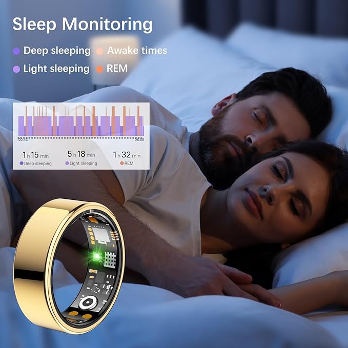 Smart Health Ring for Women Men, Fitness Tracker Ring with Heart Rate, Blood Oxygen, Sleep Tracker, Step Tracker, No Subscription Fee, IP68 Waterproof Smart Ring for iPhone & Android (Gold, 9#)