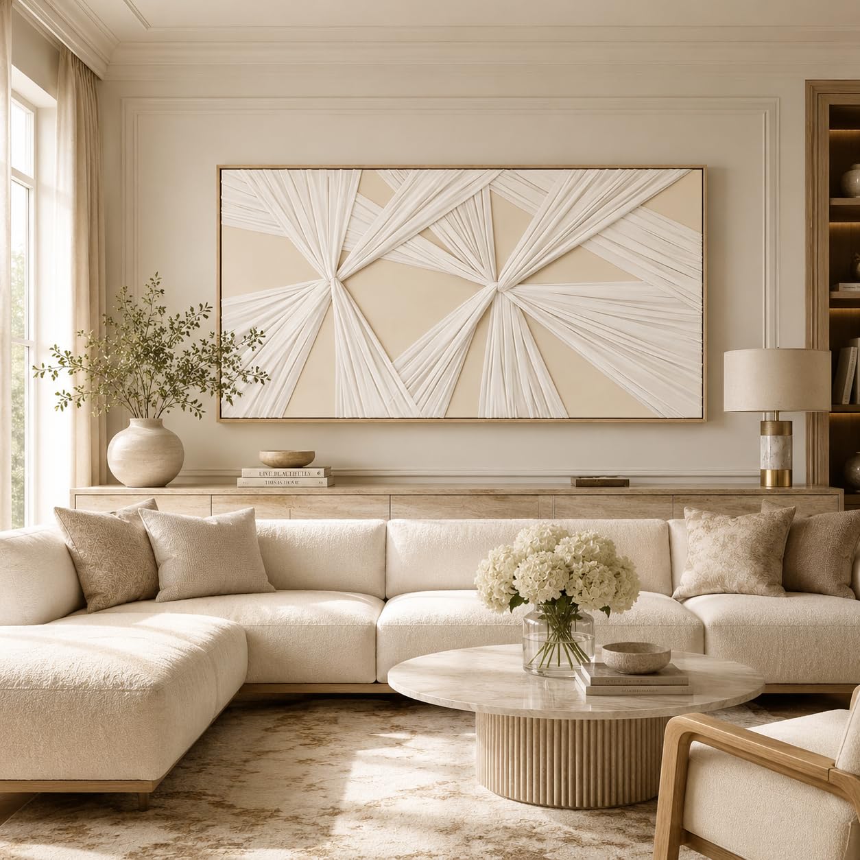 Artists' Handicraft, Extra Large Luxury 3D Fabric Neutral Textured Wall Art, Minimalist Abstract Boho Modern Long Beige Painting Wall Decor for Living Room Bedroom Hallway Office, Horizontal, 54x27 Inces