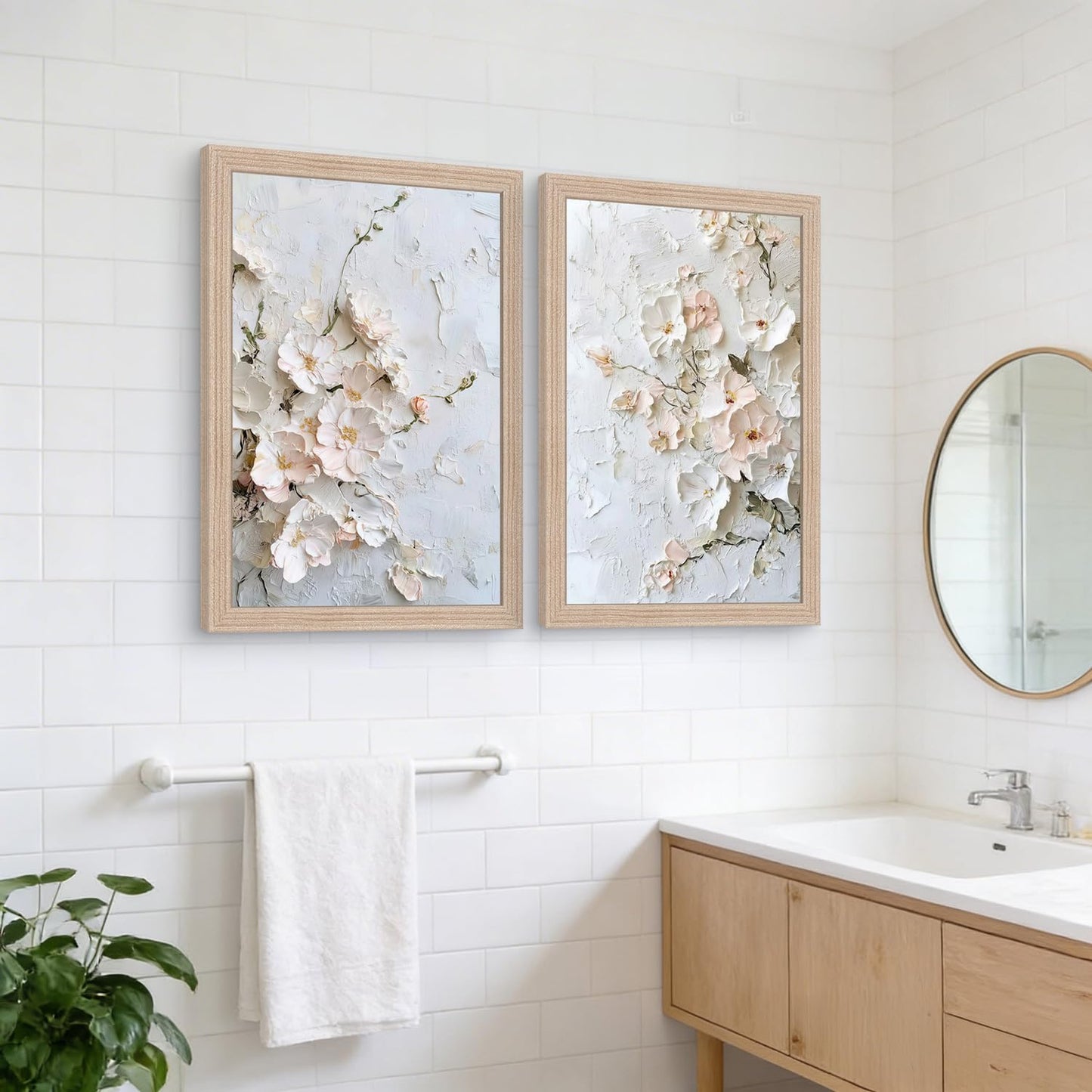 Framed 3D Floral Texture Canvas Wall Art Relief Textured Floral Oil Painting Modern Neutral Floral Poster Gallery Framing Plant Decor Living Room Bedroom 12x16inch x 2 Ready to Hang