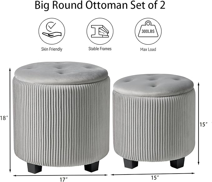 BLEXA Big Round Ottoman with Storage Set of 2,Upholstered Velvet Vanity Stool for Makeup Multifunctional Foot Rest Coffee Table Padded Seat Tufted Ottomans for LivingRoom&Bedroom (Large Grey)