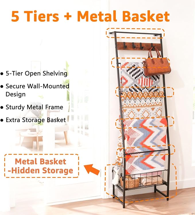Metal Blanket Ladder with Basket, 5 Tier Black Blanket Ladders for the Living Room with Hooks, 5.2ft Wall Leaning Quilt Ladder for Blankets, Towels & Throws, Farmhouse Decor