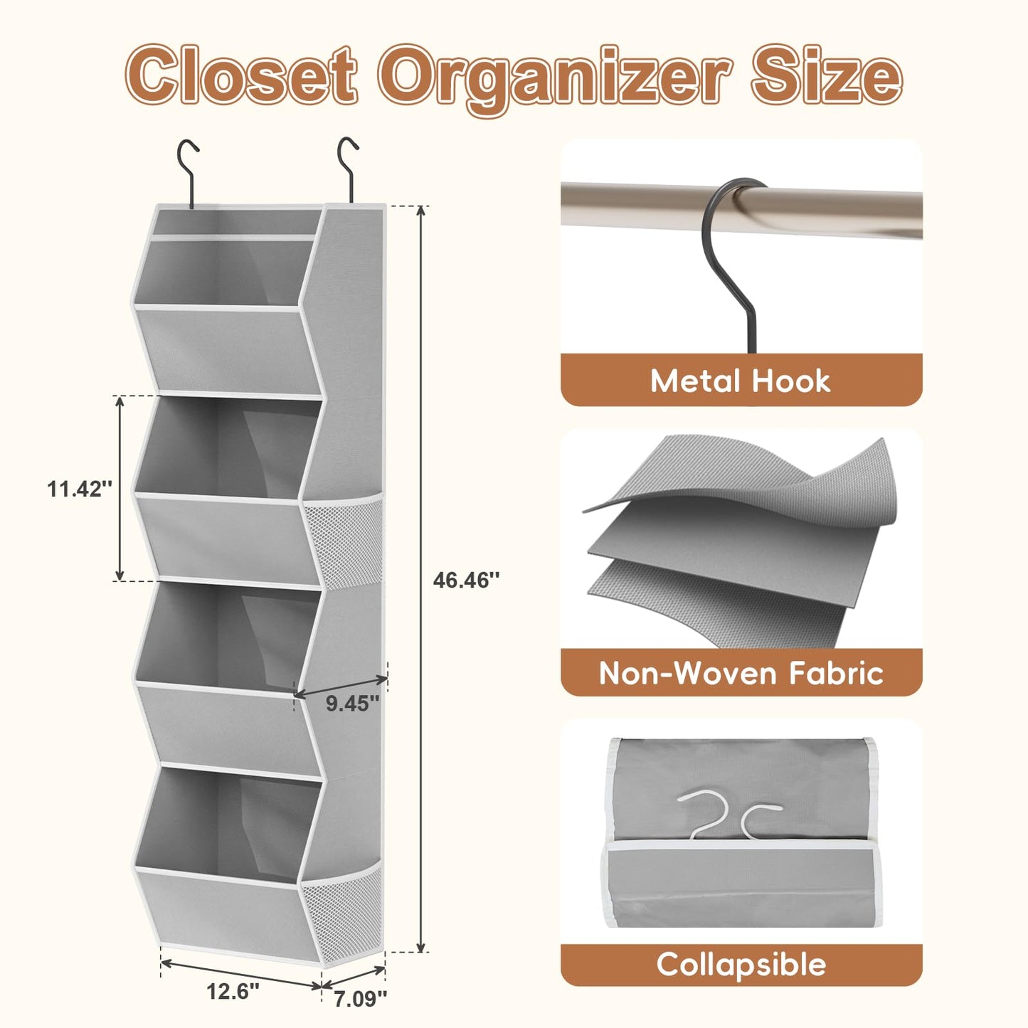 Hanging Closet Organizer 4 Shelf Collapsible Bedroom Closet Organizers and Storage Hanging with Mesh Pockets for Clothes, Fabric Hanging Storage Bins for Wardrobe Closet Organization and Storage, Grey