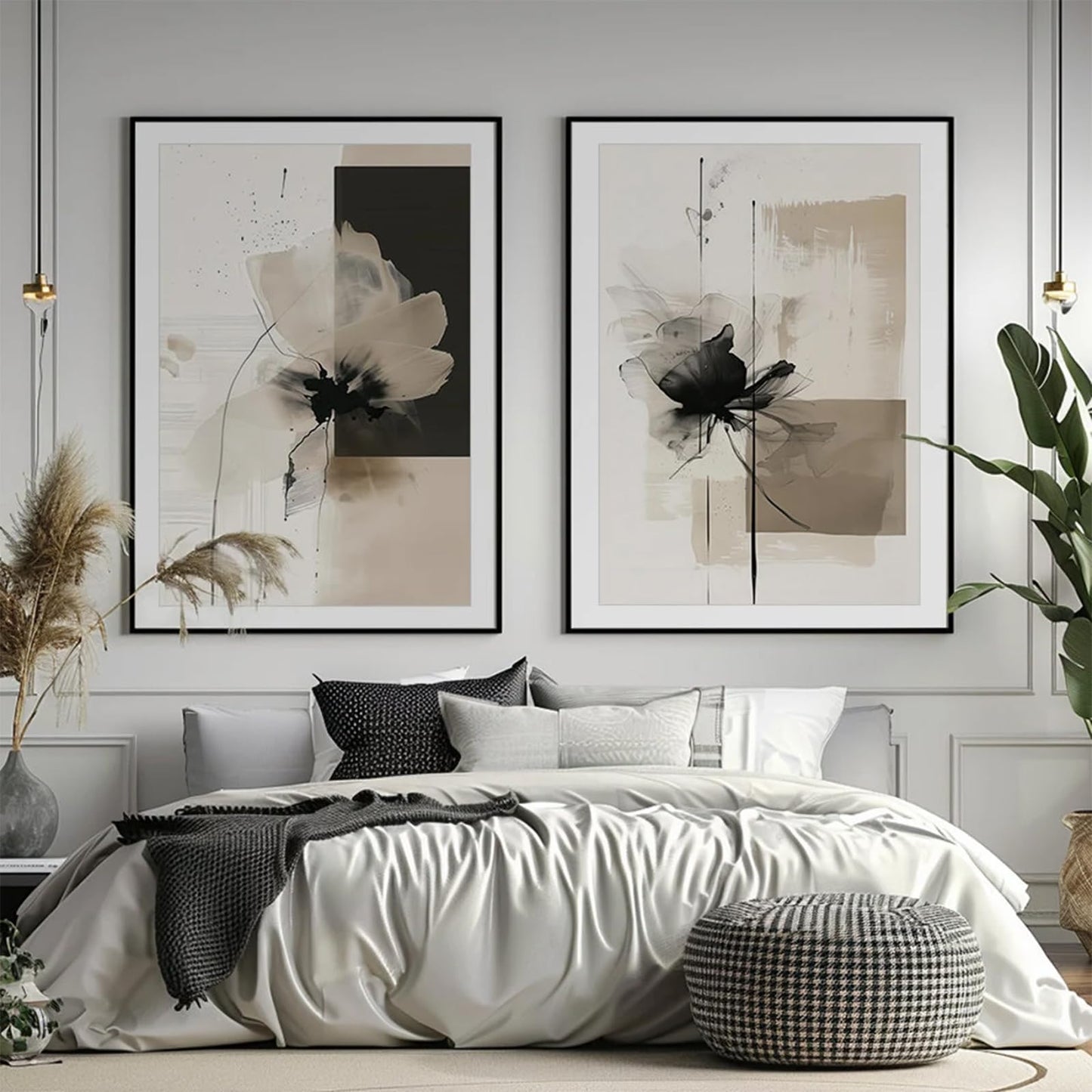 Tocliky Modern Abstract Floral Wall Art Minimalist Neutral Canvas Painting Decor Beige Cream And Black Wall Art Contemporary Flower Picture Prints for Living Room Bedroom 12x16 Inch Unframed Set of 2