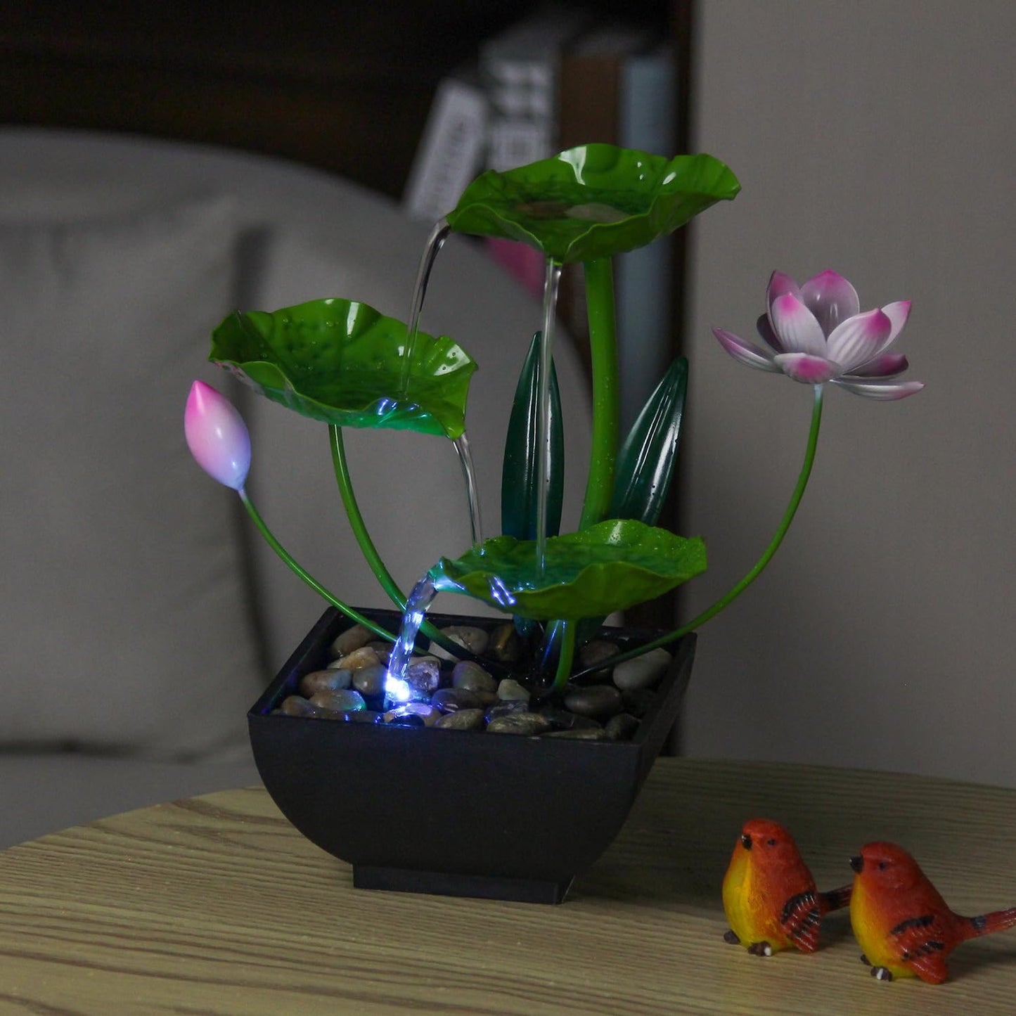 YOQUATE Water Fountain Indoor Waterfall Fountain 3-Tier Tabletop Fountain Lotus Desk Relaxation Home Decor Including Lots of Rocks and Soothing Sound Machine (Green 2)