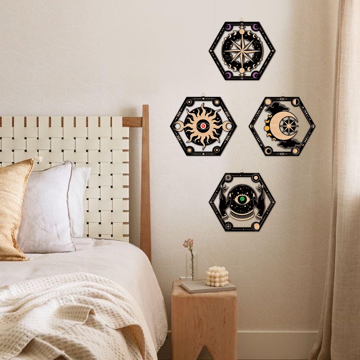 CHDITB 4Pcs Wooden Witchy Sun Moon Star Tarot Wall Art, Mystical Wizards Celestial Laser Cut Hollow Artwork Hanging Sign, Moody Boho Gothic Astrology Aesthetic Home Decor for Bedroom Living Room(10"x9")