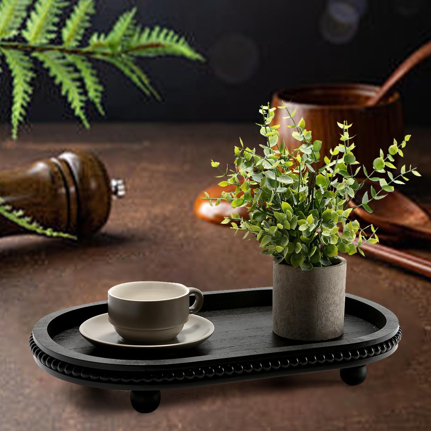 SYNCVIBE Wooden Decorative Tray for Home Decor, Beaded Black Oval Tray Decor for Coffee Table, Rustic Wood Serving Trays Farmhouse Centerpieces for Living Room Kitchen Counter (Black Oval)