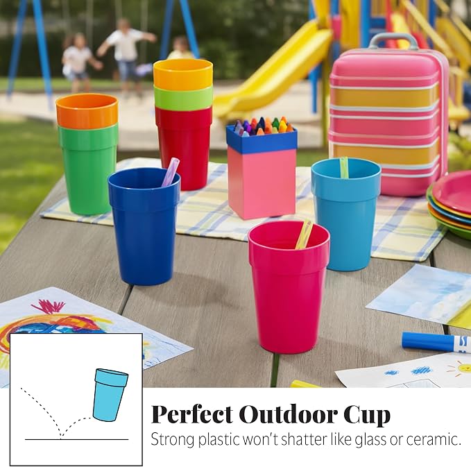 US Acrylic Spectrum Unbreakable Plastic 10 ounce Stackable Juice Tumblers in 8 Assorted Colors | Set of 16 Kids Drinking Cups | Reusable, BPA-free, Made in the USA, Top-rack Dishwasher Safe