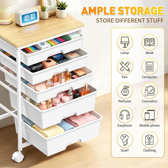 SUNALLY Rolling Carts With 5 Drawers, Storage Drawer Carts with Wooden Tabletop and 2 Lockable Wheels, Rolling Utility Cart for Craft Art Supply Storage & Home Office Organization, White