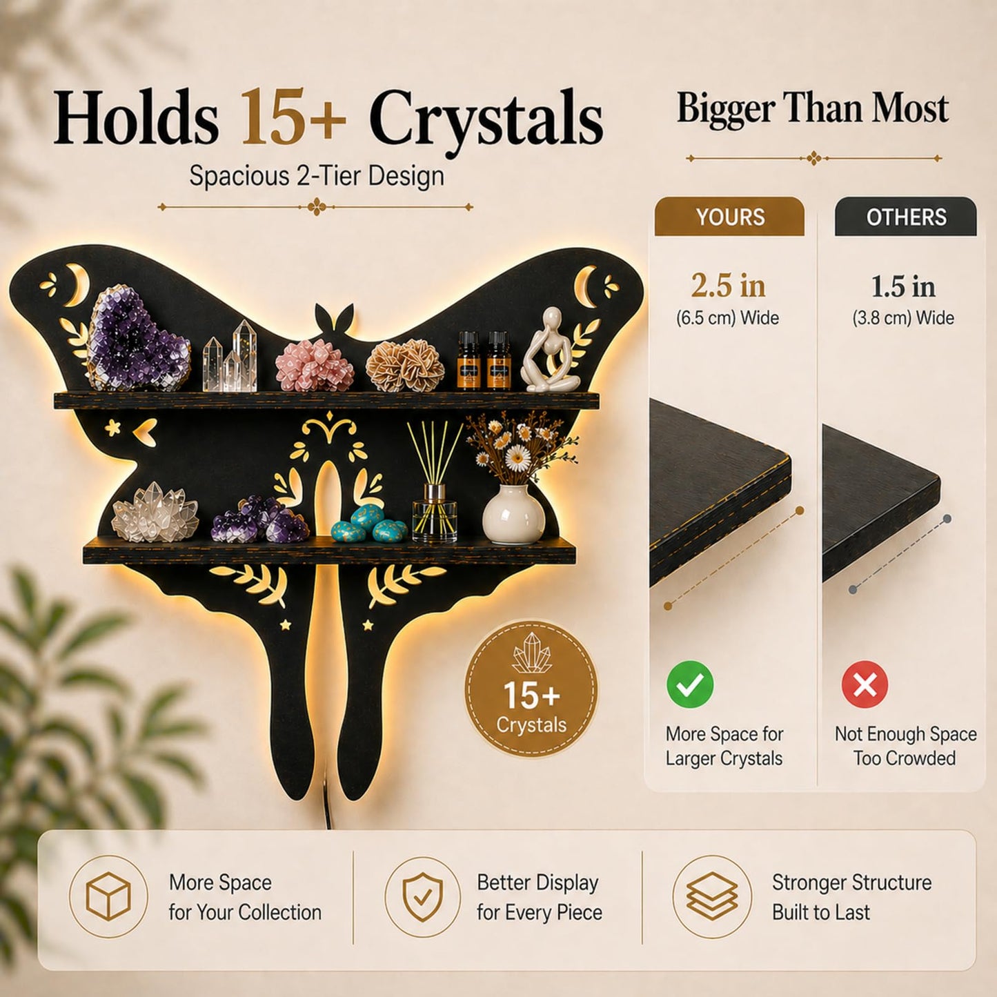 HBSGS Crystal Display Shelf Wall Gothic Shelves with LED Light, Luna Moth Theme, for Trinket, Crystal Rock, Gem, Healing Stone, Essential Oil (Moth-15.7 * 11.8inch/40 * 27.5cm)