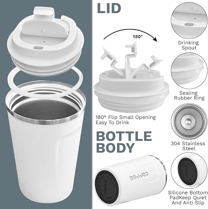 YINBAOGE Insulated Travel Coffee Mug, Spill & Leak Proof, Portable To Go Camping Stainless Steel Coffee Tumbler, Reusable Thermal Coffee Cup with Lid for Hot & Cold Drinks (2nd-White, 17 OZ)