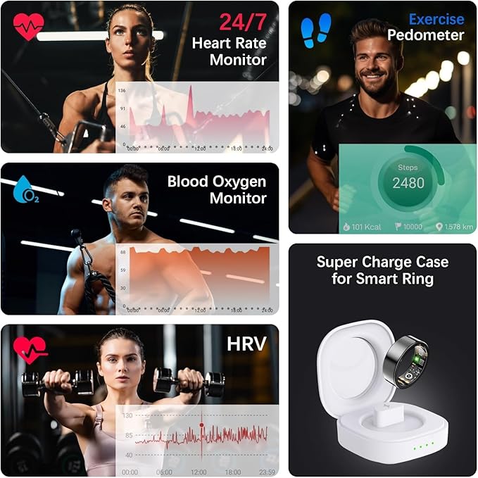Health Tracker Ring, Smart Health Ring for Women Men with Heart Rate, Blood Oxygen, Sleep Monitor, Steps,Calories, No Subscription Fee, IP68 Waterproof Smart Ring for iPhone & Android (Black, 9#)