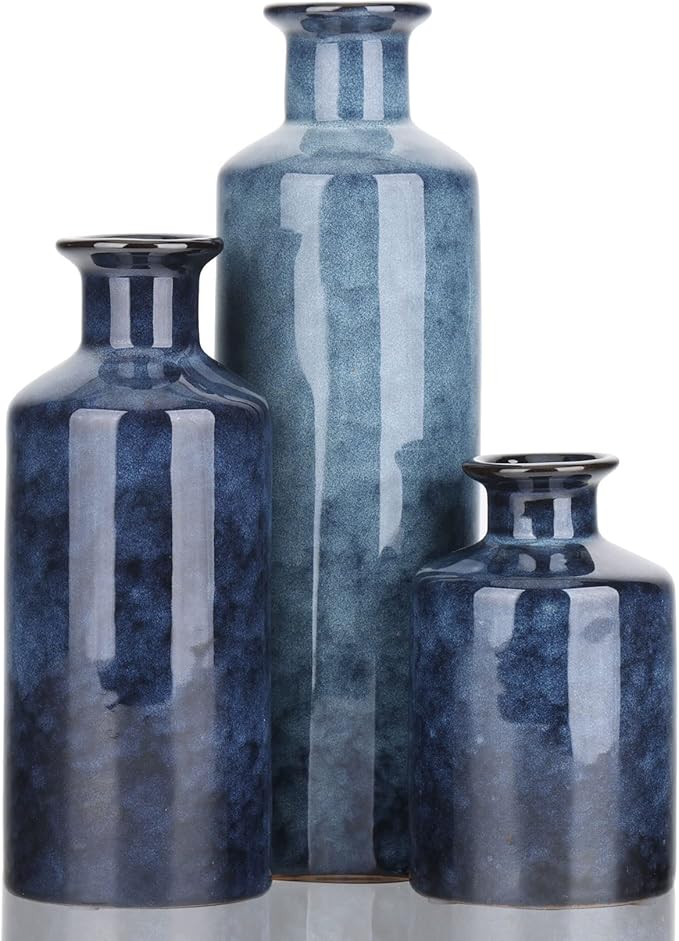 Blue Ceramic Vase Set - 3 Blue Small Vases, Farmhouse Country Flower Vase Home Decor, Living Room Decoration, Table Decoration, Fireplace Decor, and Entrance Decorations Centerpieces