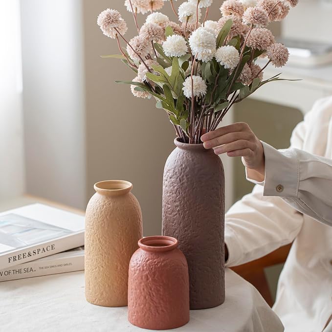 Large Decorative Ceramic Vase Set, 3 Pieces, Matte Taupe Orange Coral Beige, 10.4 Inch Tall, Nordic Modern Boho Style, Orange Peel Glaze Finish, Farmhouse Home Decor