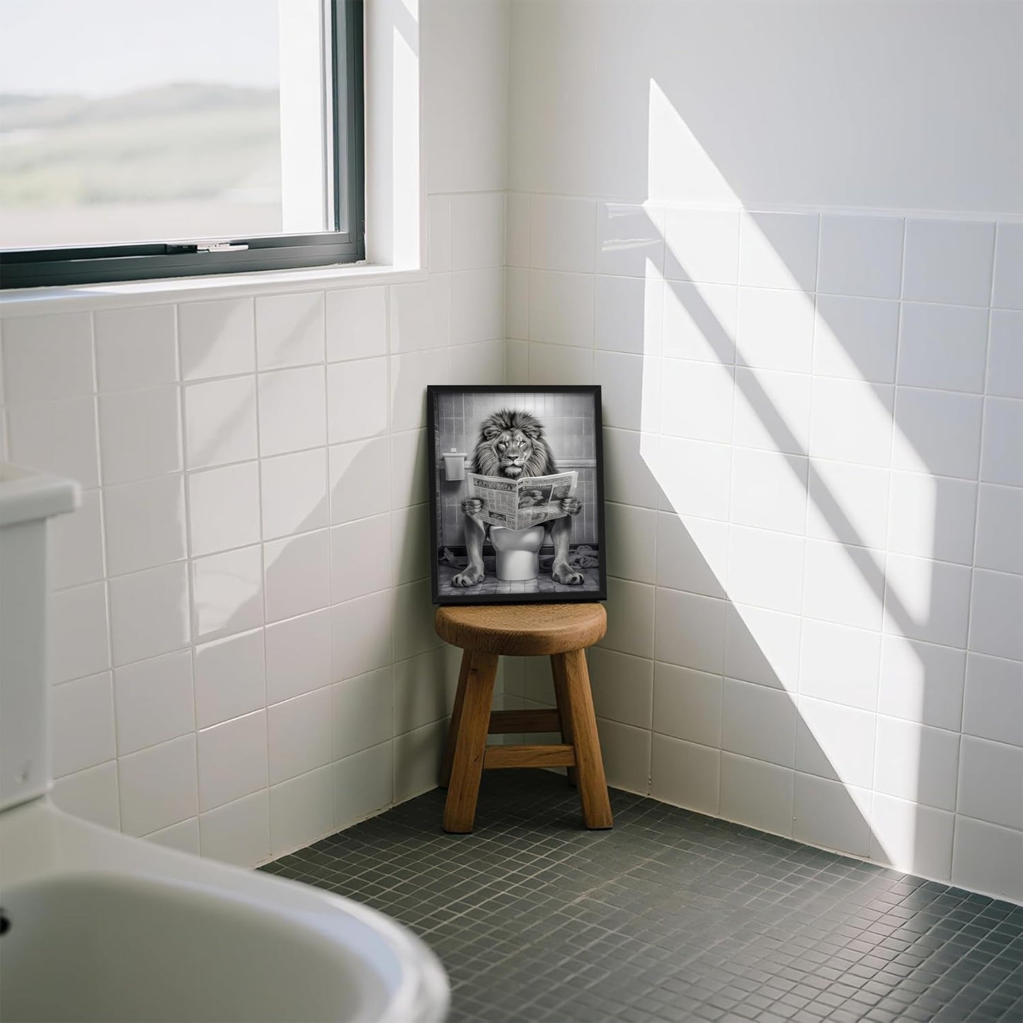 Funny Lion Bathroom Wall Art, Black and White Lion in Toilet Wall Decor, Humorous Animal Restroom Poster Canvas Painting Prints Artwork 8x10 inch Framed