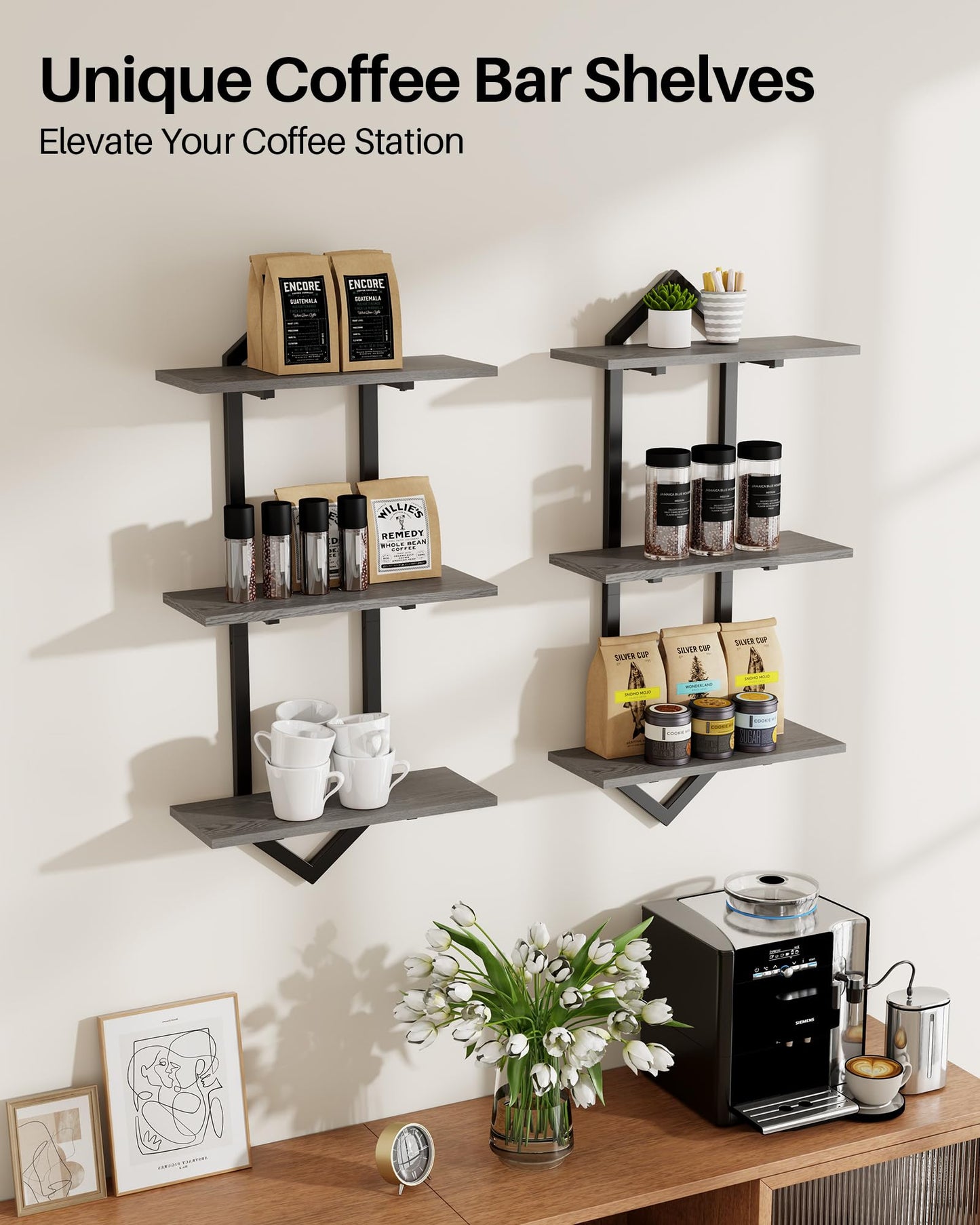 Forjarn 3 Tier Floating Shelves, Set of 2 Wall Shelves for Living Room, Modern Geometric Wooden Shelf for Wall Decor, Hanging Storage Shelf for Bedroom Bathroom Kitchen Home Office (Greige + Black)