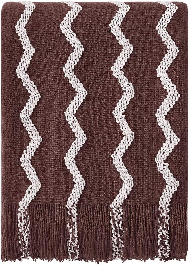 BOURINA Fluffy Chenille Knitted Fringe Throw Blanket Lightweight Soft Cozy for Bed Sofa Chair Throw Blankets, Brown 60"x80"