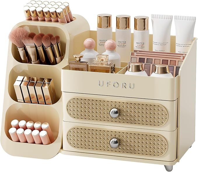 UFORU Makeup Organizer for Vanity with Brush Holder, Large Capacity Bathroom Countertop Skincare Organizer with 2 Drawers, Cosmetic Display Case for Perfumes, Eyeshadow Palettes, Nail Polishes