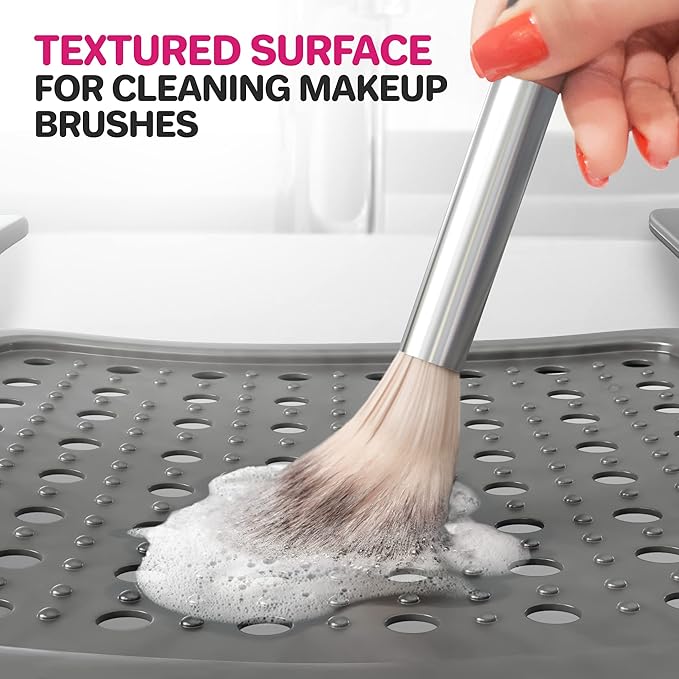 Sink Topper Bathroom Counter Cover & Storage Saver, Foldable Silicone Mat for Hot Tools, Hair Styling & Makeup, Beauty Brush Cleaning Mat, RV Camper Sink Cover & for Small Spaces (Standard Silver)