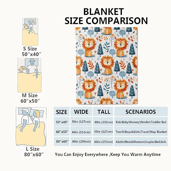 Cute Lion and Forest Blanket,Fun Cartoon Jungle Theme Throw Blankets,Birthday Gifts for Kids & Animal Lovers,Lightweight Soft Fleece,for Picnic Sofa Couch Bed Room Travel,Modern Decor,40x50in