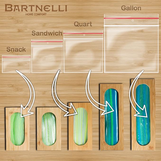 Bartnelli Sandwich bag organizer for Baggie Storage Organization, 5 PC Premium Bamboo Kitchen Drawer Organizer, Bag Holder Dispenser