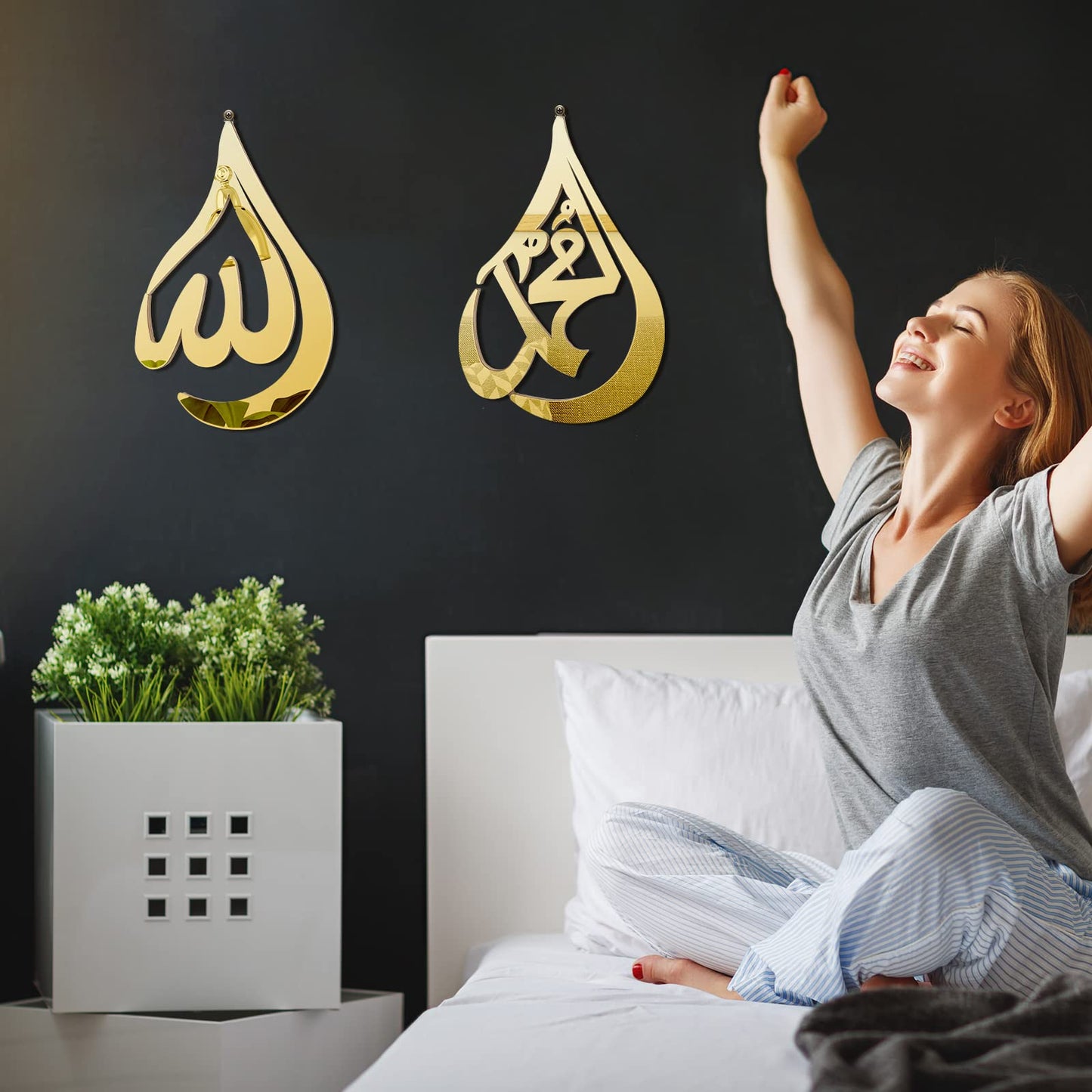 Qunclay 2 Pieces Gold Islamic Wall Art for Living Room Wooden Acrylic Teardrop Design Allah Art Wall Decorations Quran Arabic Calligraphy Decor Islamic Decoration Gift for Muslims at Ramadan