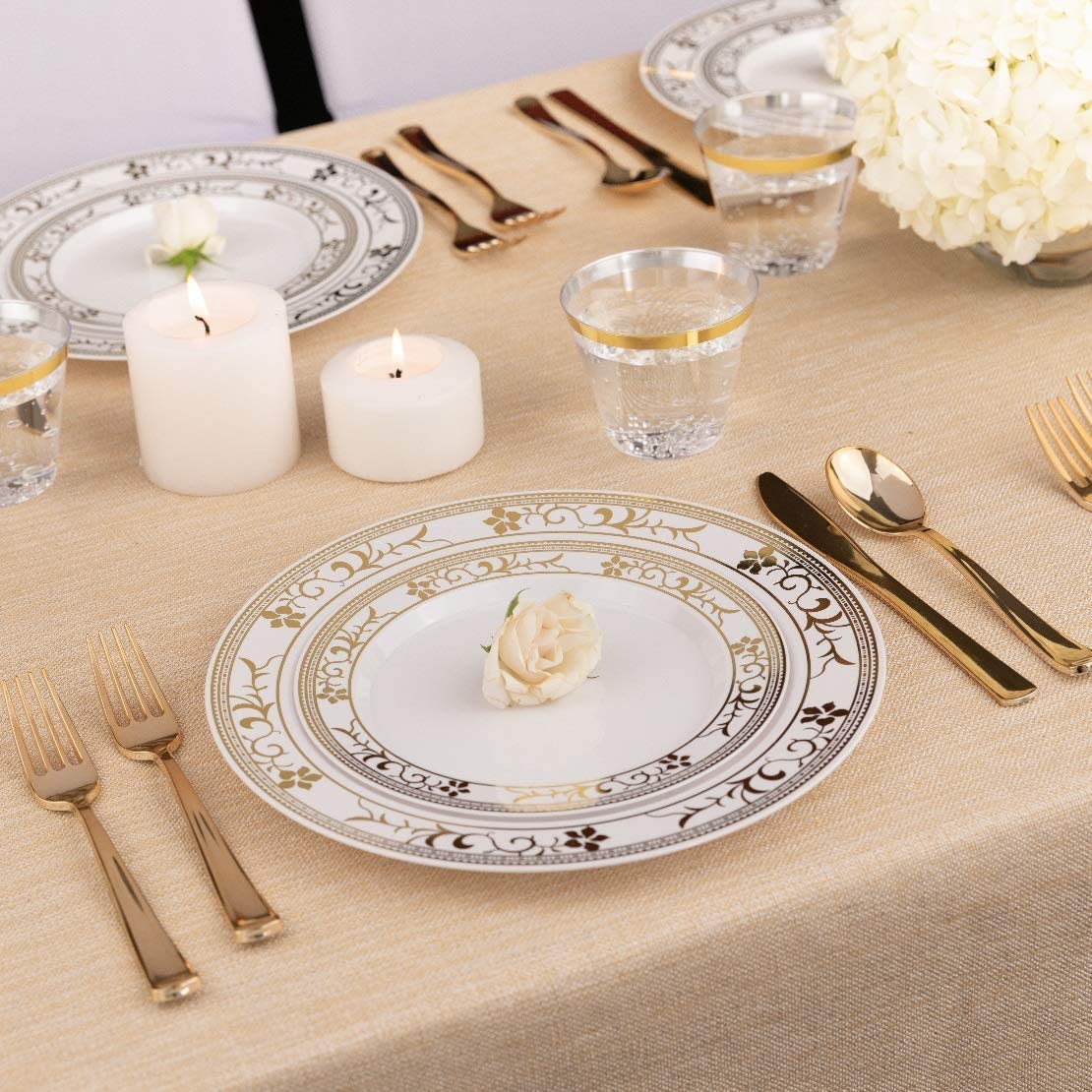 125-Piece White and Gold Floral Fancy Plastic Plates Disposable with Silverware, Elegant Dinnerware for Weddings, Holiday Party China, Set of 25 Dinner + Salad Plates, 25 Spoons, 25 Forks, 25 Knives