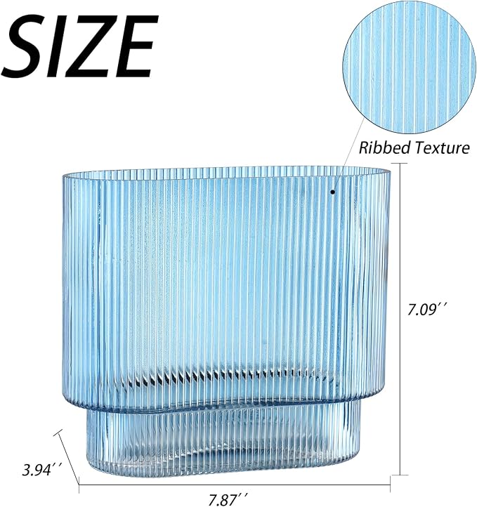 Ribbed Glass Vase, Blue Glass Vase, Fluted Short Vases for Flowers, Modern Vases for Living Room, Dining Room, Bathroom, Desk, Shelf, Wedding, Office, 7 Inches