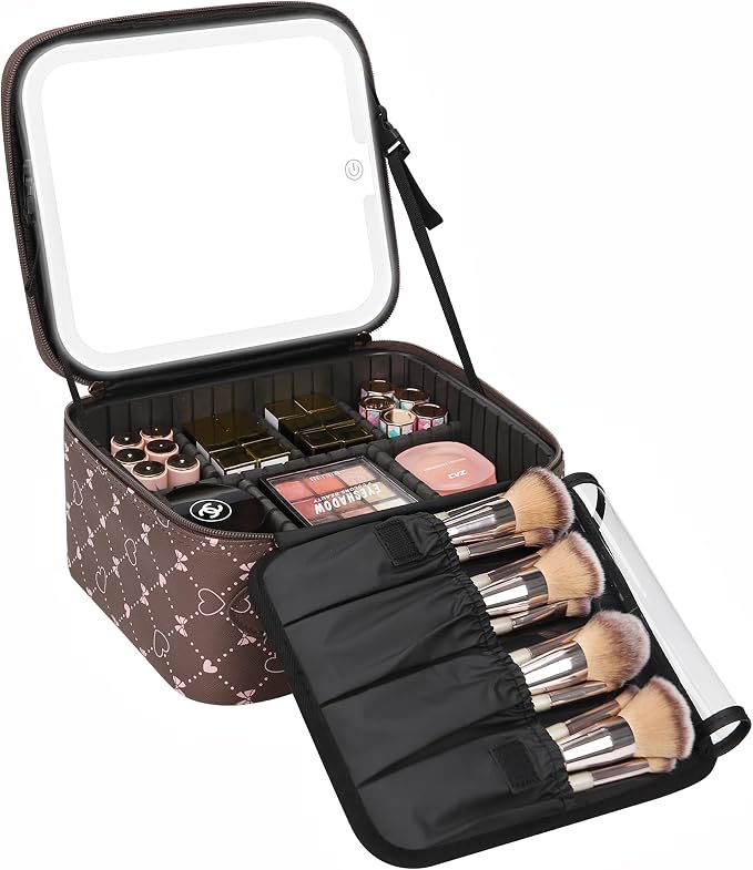 Relavel Travel Makeup Bag With LED Mirror, Portable Cosmetic Organizer Bag with Adjustable Brightness in 3 Color Scenarios, Small Train Case with Detachable Dividers for Trip- Brown Bowknot