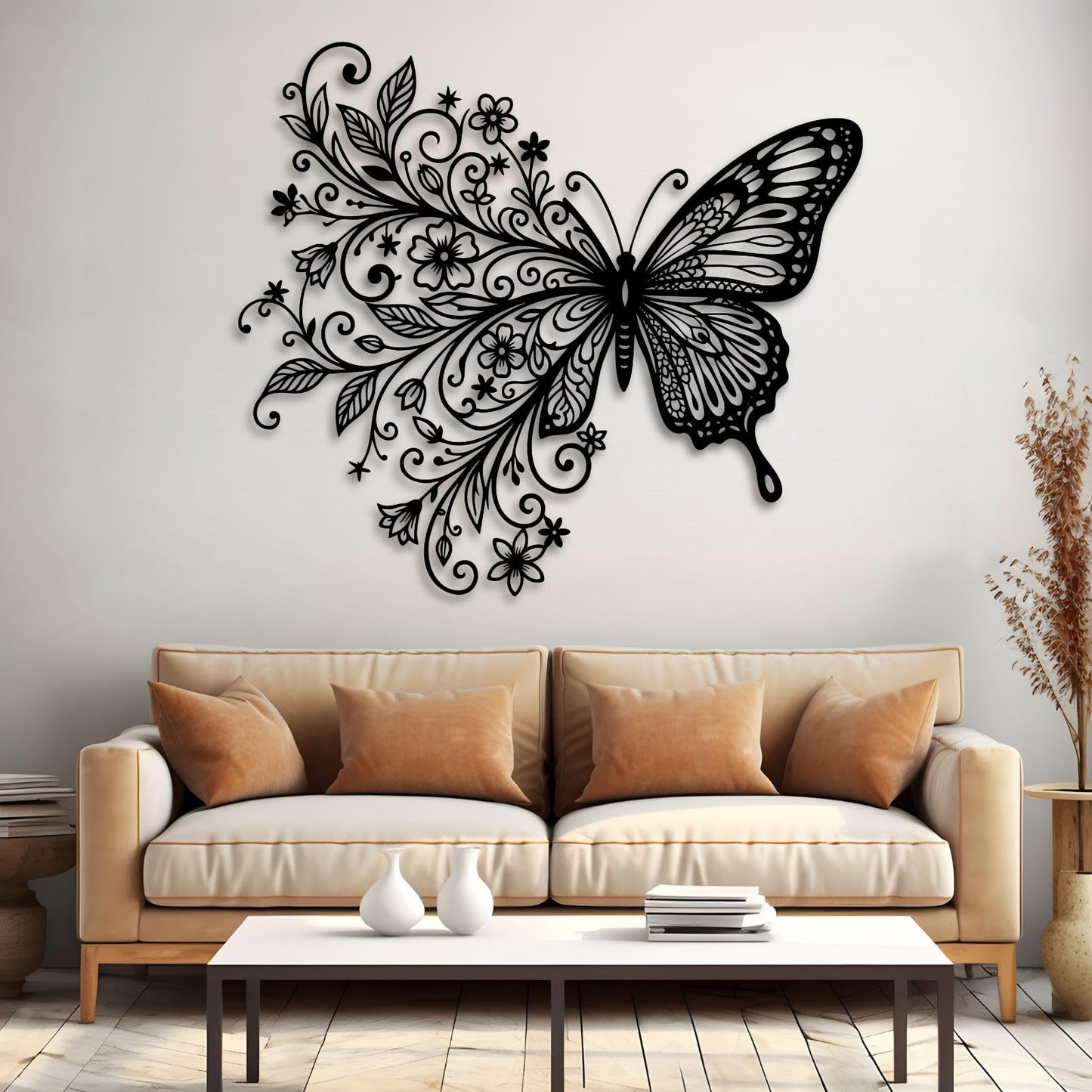 Floral Butterfly Metal Wall Art, Metal Flowers Butterfly Wall Decor, Butterflies Wall Decor, Metal Flower Butterflies Wall Art for Living Room, Bedroom, Garden(Gold,19"W x 17"H / 47 x 42 cm)