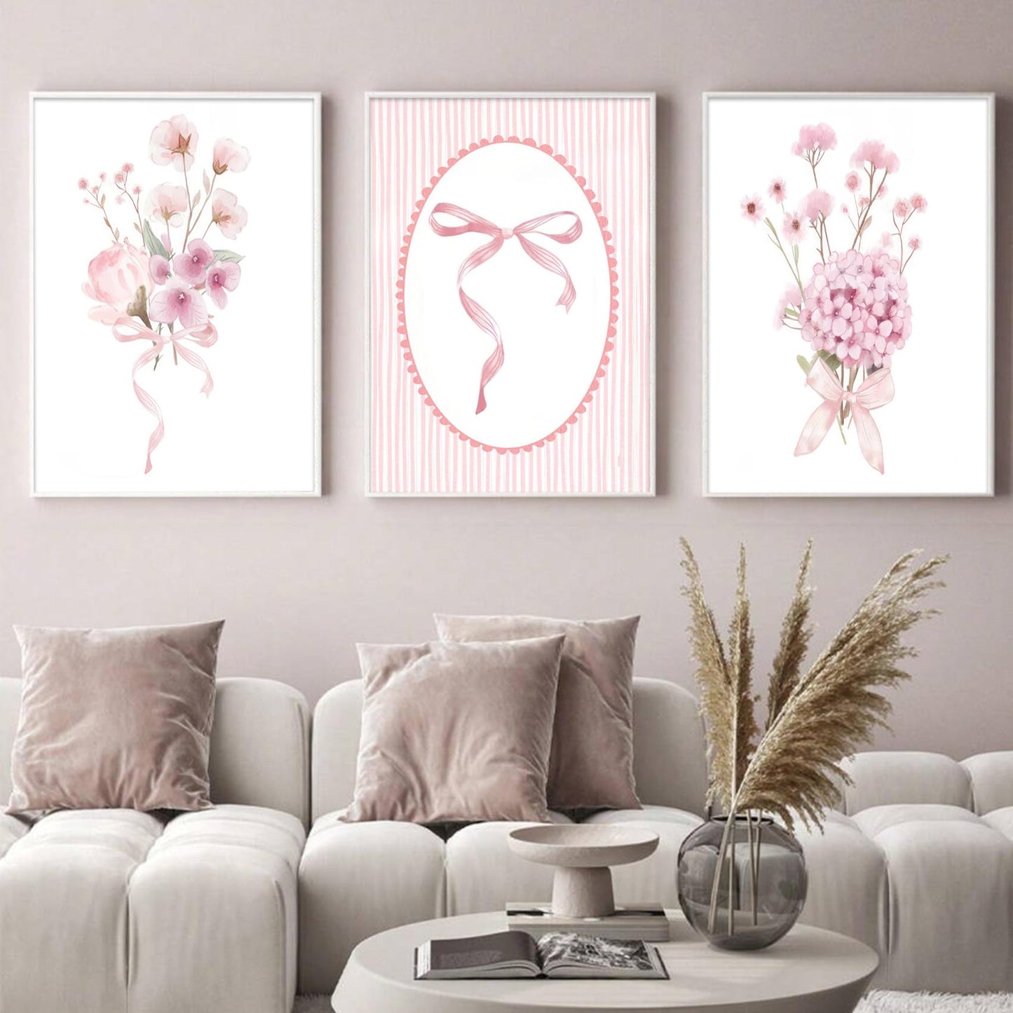 3Pcs Pink Nursery Flower Wall Art Floral Bow Wall Decor Cute Botanical Flower Pictures Coquette Aesthetic Poster Prints Girly Preppy Painting for Girls Bedroom Dorm Apartment Home 12x16 Unframed
