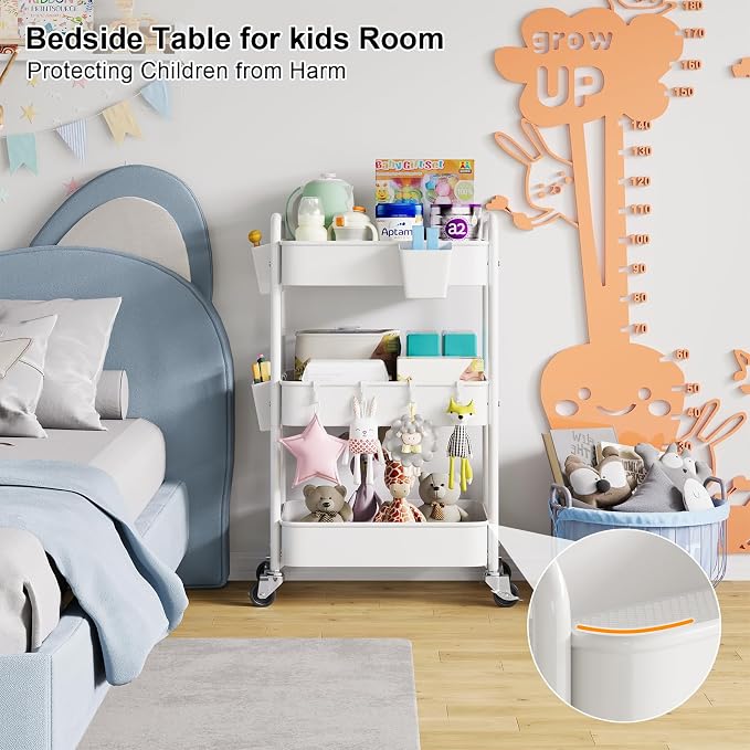 3 Tier Rolling Cart Metal with Wheels, White Three Tiered Craft Cart Organizer on Wheels, Storage Utility Carts for Art, Baby Nursery,Diaper Caddy, Cleaning Supplies, Nail,Lash,Snack,Book,Roller Shelf