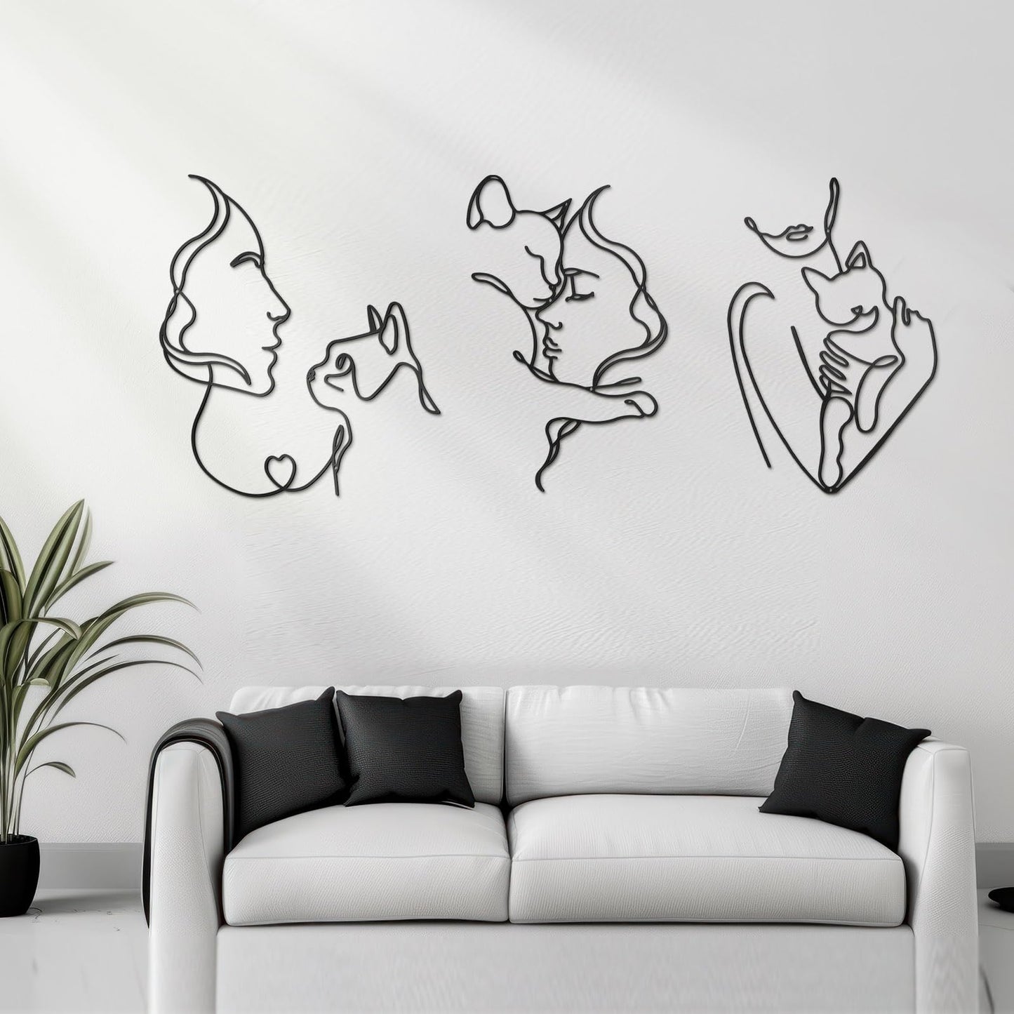 Otoolling 3 Pcs Black Metal Cat Wall Art Decor Women Cats Decor for Cat Lovers Metal Minimalist Girls & Cats Line Drawing Wall Art for Bedroom Living Room Bathroom(Classic)