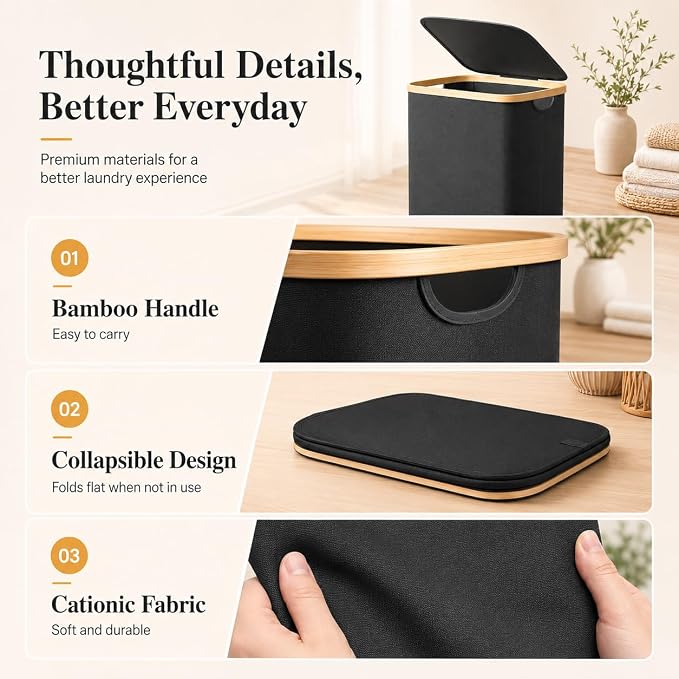 Foluck 100L Laundry Hamper with Lid Removable Bag and Bamboo Handles | Waterproof Self-locking Inner Bag, 3 Different Handles, 600D Cationic Cloth, for Dorm Bedroom Bathroom