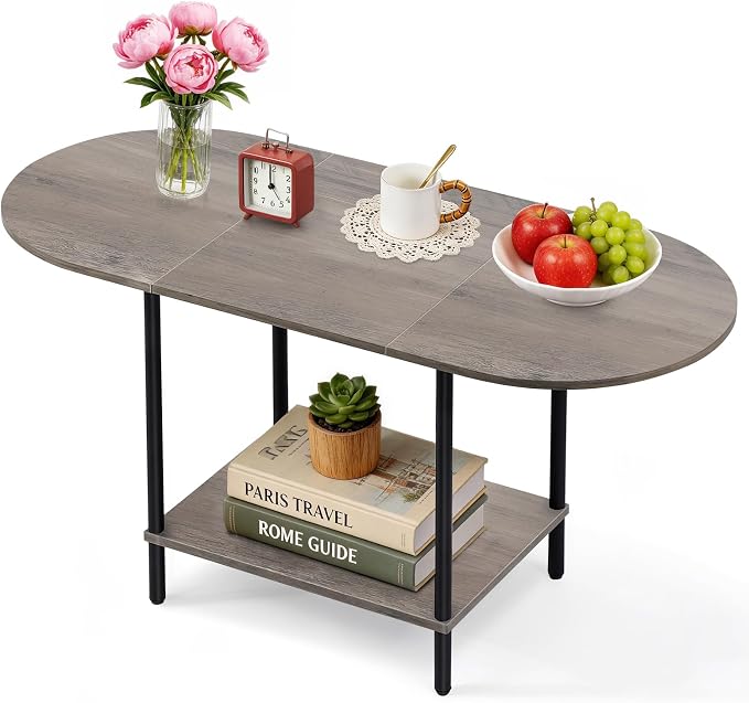 Small Coffee Table,35.4'' Oval Coffee Table with Storage Shelf & Metal Frame,Low Cocktail Tea Accent Table for Apartment,Modern Mid Century Small Living Room Table,Rustic Grey