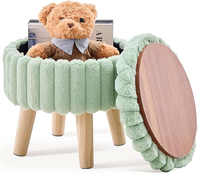 Wimarsbon Storage Ottoman, Modern Round Footrest with Soft Padded Seat, Teddy Velvet Footstool with Wood Legs, Accent Small Table or Plant Stand for Hallway, Living Room (Light Green)