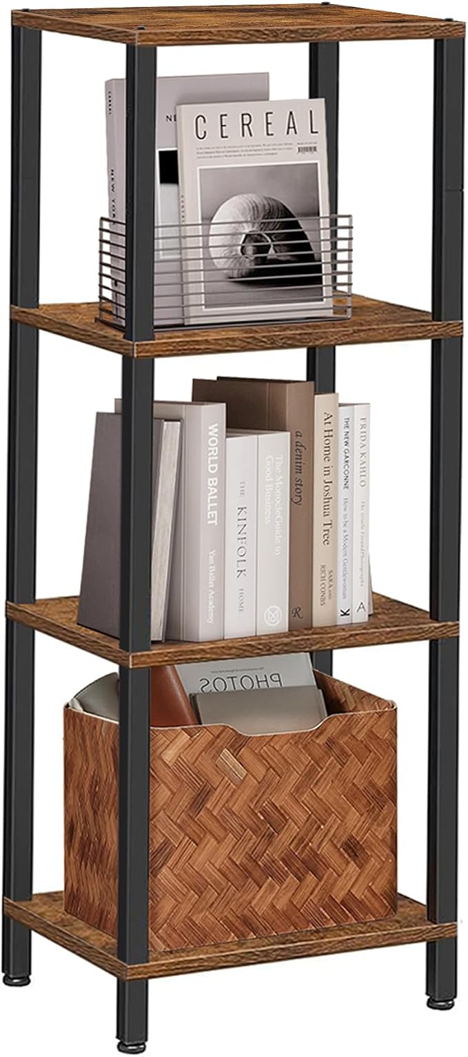 TUTOTAK Bookshelf, 4-Tier Tall Book Shelf, Narrow Bookcase for Small Space, DIY Stackable Bookshelf, for Living Room, Office, Study, Entryway, Industrial, Rustic Brown BS01BB004