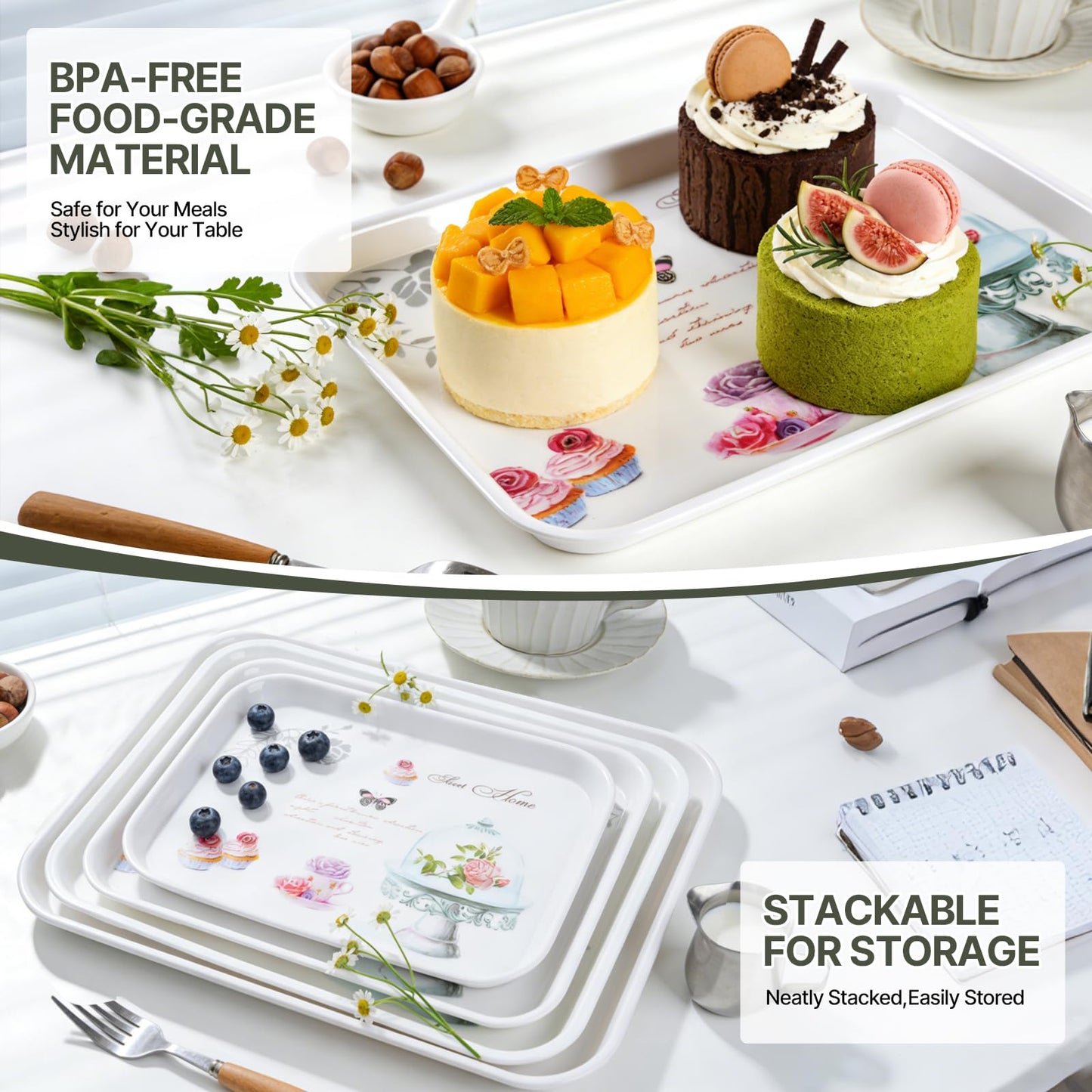 4-Pack Melamine Serving Tray Set - Rectangle Stackable Food Breakfast Fruit Platter with Floral Print for Gift Party Decor Home Restaurant (Cake)