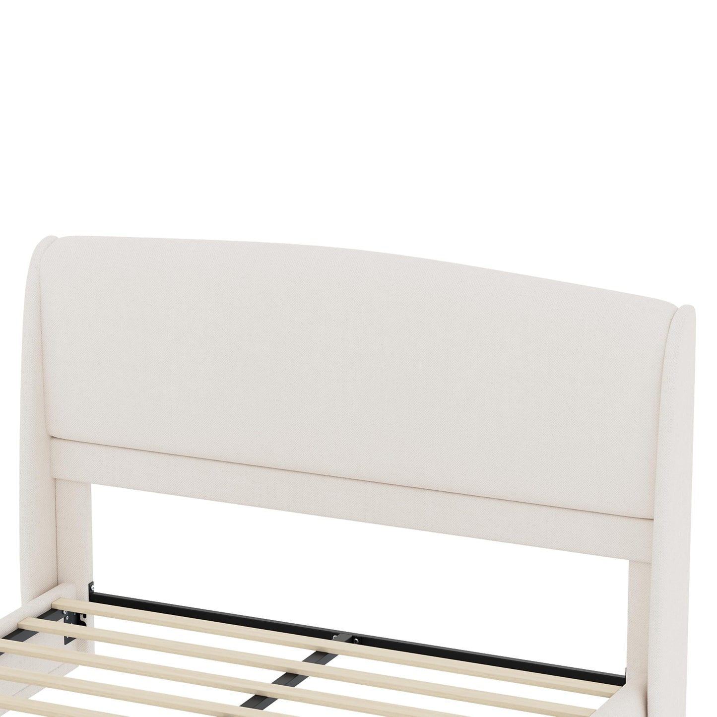 Merax Queen Bed Frame with Wingback Headboard, Low Profile Platform Bed, Linen Fabric, No Box Spring Needed, Wood Slat Support, Easy Assembly, Beige
