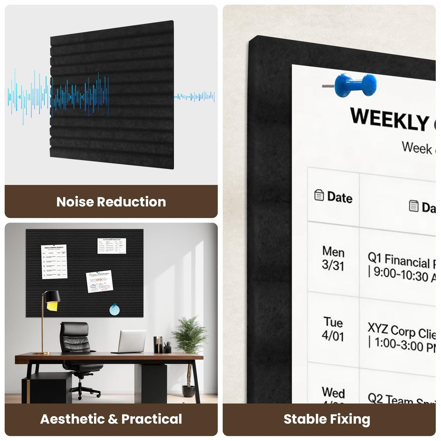 12-PCS Felt Bulletin Board 11.8" x 11.8", Self-Adhesive Sound-Absorbing Wall Panels, Suitable for Office, Classroom, and Home Decoration, Can Be Used to Stick Notes, Photos, and Memos(Black)