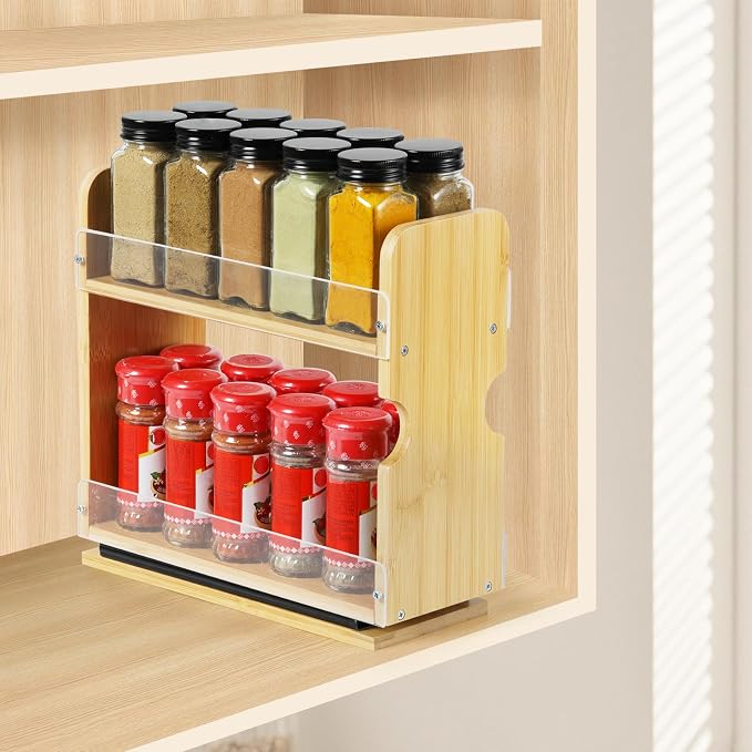 2 Tier Pull Out Spice Rack Organizer, Bamboo Sliding Spice Rack for Kitchen Cabinet, (4.4" W x 10.6" D x 10.4" H) Spice Storage, Pantry Organization